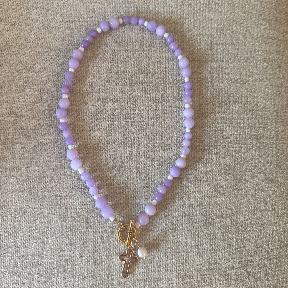 Lavender beaded necklace with gold cross charm